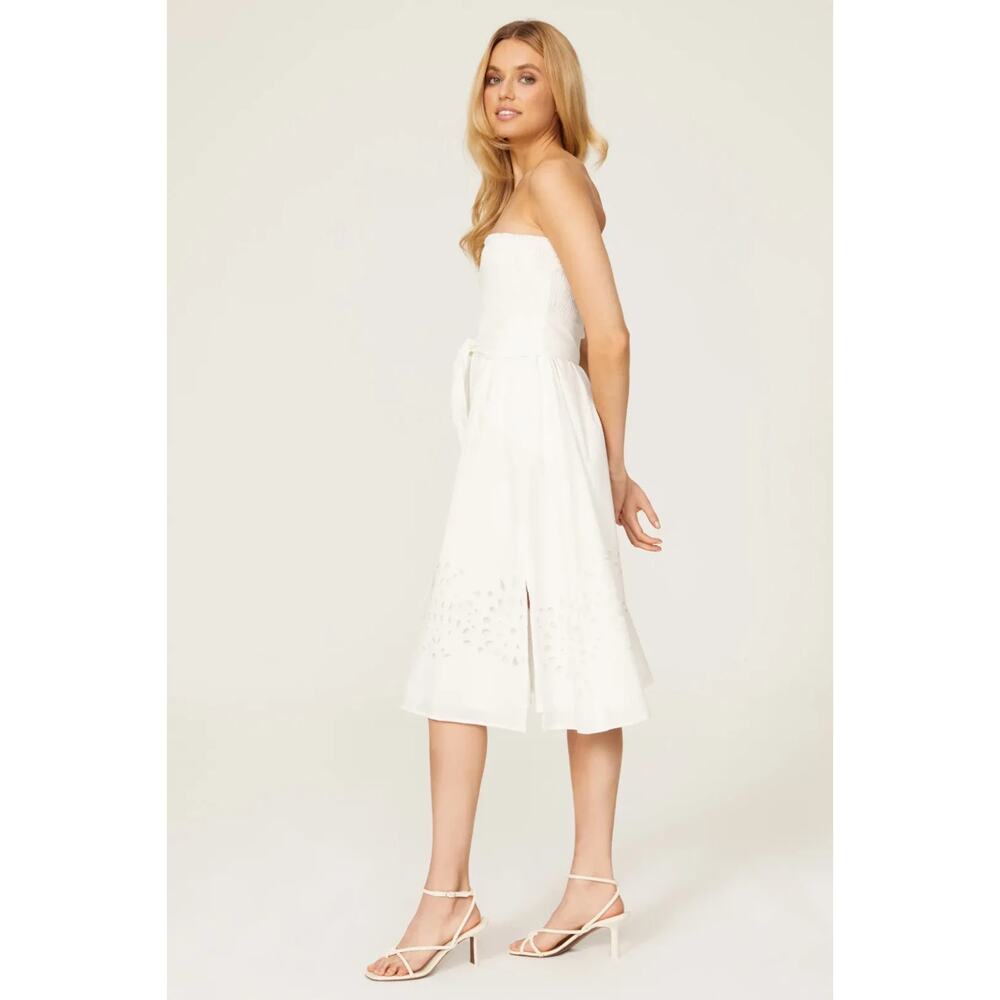 THAKOON Collective Dress White Strapless Smocked Eyelet Tie-Waist Midi, Sz 8